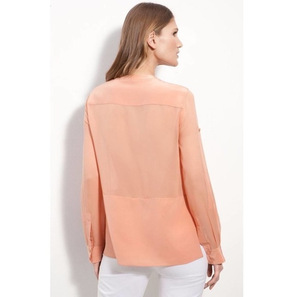 BCBGMAXAZRIA Liberty Split-Neck High-Low Silk Blouse in Blush - Picture 2 of 7